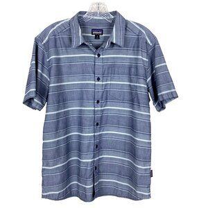 Patagonia Mens M Medium Short Sleeve Button Up Shirt Organic Cotton Blue Stripe